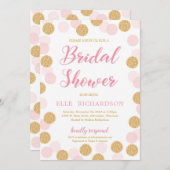 ピンク金ゴールドグリッター水玉模様モダンブライダルシャワー 招待状 (正面/裏面)