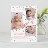 ピンク金ゴールドグリッター第1誕生日3 Photo Collage 招待状 (スタンド正面)