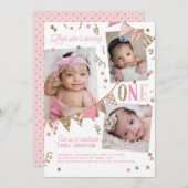 ピンク金ゴールドグリッター第1誕生日3 Photo Collage 招待状 (正面/裏面)