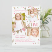 ピンク金ゴールドグリッター第2誕生日3 Photo Collage 招待状 (スタンド正面)
