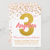 ピンク金ゴールドグリッター紙吹雪ガールサード誕生日 招待状 (正面/裏面)