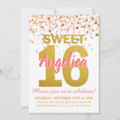 ピンク金ゴールドグリッター紙吹雪ガールスウィート16誕生日 招待状 (正面)