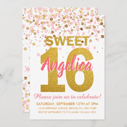 ピンク金ゴールドグリッター紙吹雪ガールスウィート16誕生日 招待状 (正面/裏面)