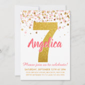 ピンク金ゴールドグリッター紙吹雪ガールセブン誕生日 招待状 (正面)