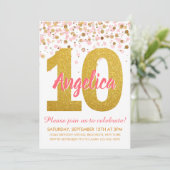 ピンク金ゴールドグリッター紙吹雪ガールティッド誕生日 招待状 (スタンド正面)