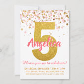 ピンク金ゴールドグリッター紙吹雪ガールフィフス誕生日 招待状 (正面)