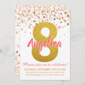 ピンク金ゴールドグリッター紙吹雪ガール第8誕生日 招待状 (正面/裏面)