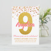 ピンク金ゴールドグリッター紙吹雪ガール9番誕生日 招待状 (スタンド正面)