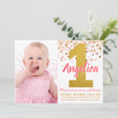 ピンク金ゴールドグリッター紙吹雪第1誕生日写真 招待状 (スタンド正面)