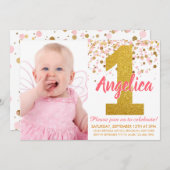 ピンク金ゴールドグリッター紙吹雪第1誕生日写真 招待状 (正面/裏面)