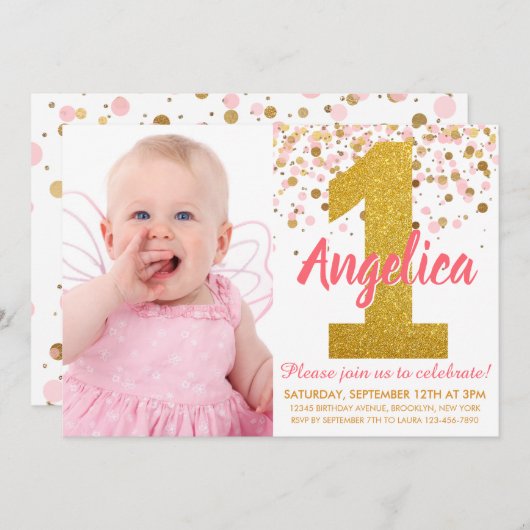 ピンク金ゴールドグリッター紙吹雪第1誕生日写真 招待状 (正面/裏面)