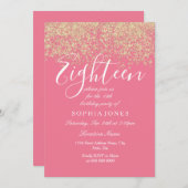 ピンク金ゴールドグリッター紙吹雪18th birthday party 招待状 (正面/裏面)