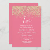 ピンク金ゴールドグリッター紙吹雪2nd誕生日パーティー 招待状 (正面/裏面)