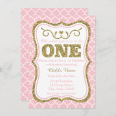 ピンク金ゴールドグリッター1st誕生日招待状 招待状 (正面/裏面)