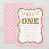 ピンク金ゴールドグリッター1st誕生日招待状 招待状 (正面/裏面)