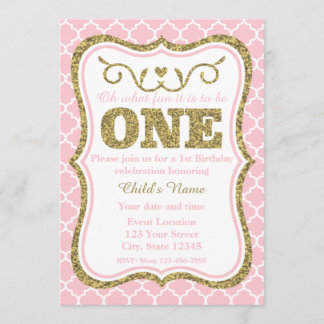ピンク金ゴールドグリッター1st誕生日招待状 招待状