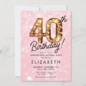 ピンク金ゴールドグリッター40thデジタル誕生日招待状 招待状 (正面)