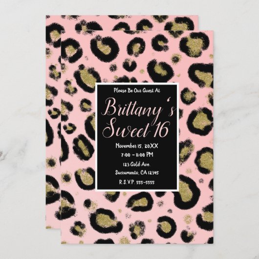ピンク金ゴールドグリッター&ブラックレオパード甘い16パーティー 招待状 (正面/裏面)