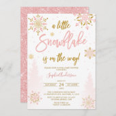 ピンク金ゴールドグリッターA少し雪片のベビーシャワー 招待状 (正面/裏面)