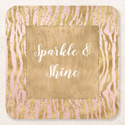 ピンク金ゴールドグリッツスパークルゼブラプリント スクエアペーパーコースター (正面)