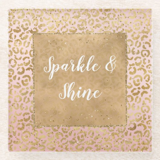 ピンク金ゴールドグリッツスパークルヒョウ印刷 ガラスコースター (正面)