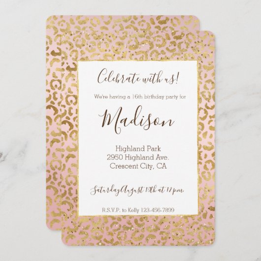 ピンク金ゴールドグリッツスパークルヒョウ印刷 招待状 (正面/裏面)