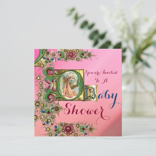 ピンク金ゴールドコウノトリ女の子ベビーシャワーフローラモノグラム 招待状 (スタンド正面)