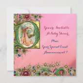 ピンク金ゴールドコウノトリ女の子ベビーシャワーフローラモノグラム 招待状 (裏面)