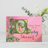 ピンク金ゴールドコウノトリ女の子ベビーシャワーフローラモノグラム 招待状 (スタンド正面)