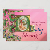 ピンク金ゴールドコウノトリ女の子ベビーシャワーフローラモノグラム 招待状 (正面/裏面)