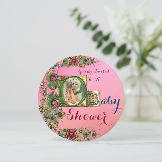 ピンク金ゴールドコウノトリ女の子ベビーシャワーフローラモノグラム 招待状 (スタンド正面)