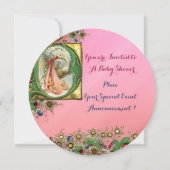 ピンク金ゴールドコウノトリ女の子ベビーシャワーフローラモノグラム 招待状 (裏面)