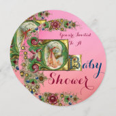 ピンク金ゴールドコウノトリ女の子ベビーシャワーフローラモノグラム 招待状 (正面/裏面)