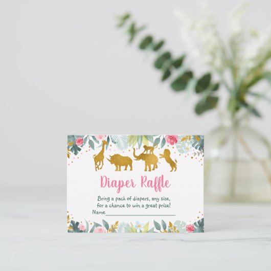 ピンク金ゴールドサファリワイルドワンベビーおむつラッフル エンクロージャーカード (スタンド正面)