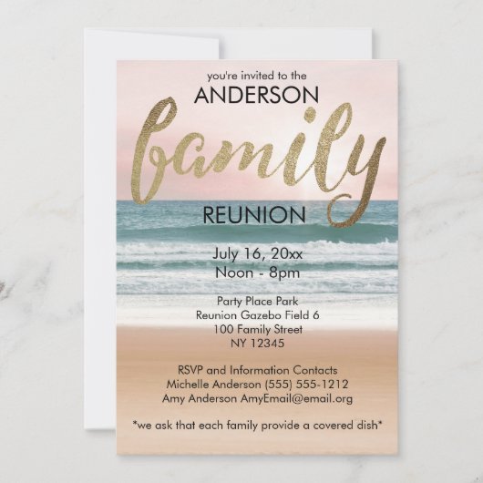 ピンク金ゴールドサンセットビーチファミリー懇親会 招待状 (正面)