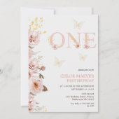 ピンク金ゴールドシックフローラ蝶1st誕生日 招待状 (正面)