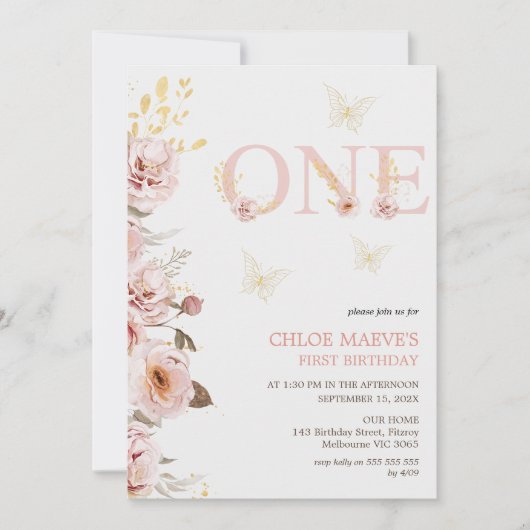 ピンク金ゴールドシックフローラ蝶1st誕生日 招待状 (正面)