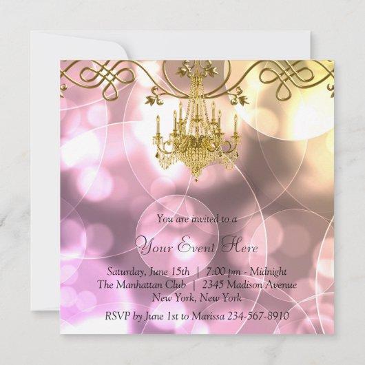 ピンク金ゴールドシャンデリアすべての行事パーティー 招待状 (裏面)