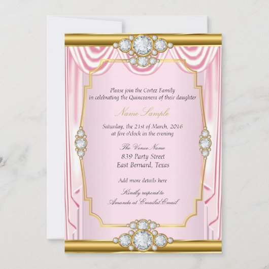 ピンク金ゴールドシルクプリンセスキンセアニェラ赤面招待状 招待状 (裏面)