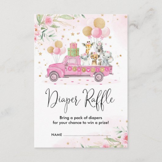 ピンク金ゴールドジャングルサファリアニマルズおむつラッフル エンクロージャーカード (正面)