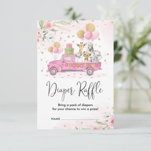 ピンク金ゴールドジャングルサファリアニマルズおむつラッフル エンクロージャーカード (スタンド正面)