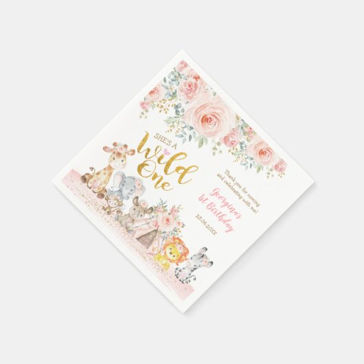 ピンク金ゴールドジャングルサファリアニマルワイルドワン誕生日 スタンダードカクテルナプキン (角)