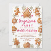 ピンク金ゴールドジンジャーブレッド飾クッキーの誕生日 招待状 (正面)