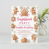 ピンク金ゴールドジンジャーブレッド飾クッキーの誕生日 招待状 (スタンド正面)