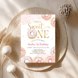 ピンク金ゴールドスウィートワンドーナツ1st誕生日招待状 招待状