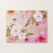 ピンク金ゴールドスクリプトヴィンテージフローラ水色スタイリッシュ ジグソーパズル (横)