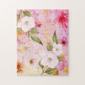 ピンク金ゴールドスクリプトヴィンテージフローラ水色スタイリッシュ ジグソーパズル (縦)