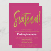 ピンク金ゴールドスクリプトSweet sixteenパーティの招待状 招待状 (正面/裏面)