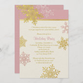 ピンク金ゴールドスノーフレークウィンタークリスマスホリデー 招待状 (正面/裏面)