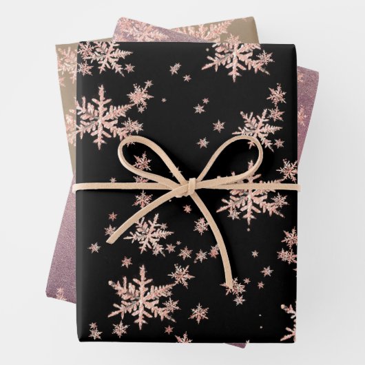 ピンク金ゴールドスノーフレークスブラッククラフトパープルダスク ラッピングペーパーシート (インサイチュ)